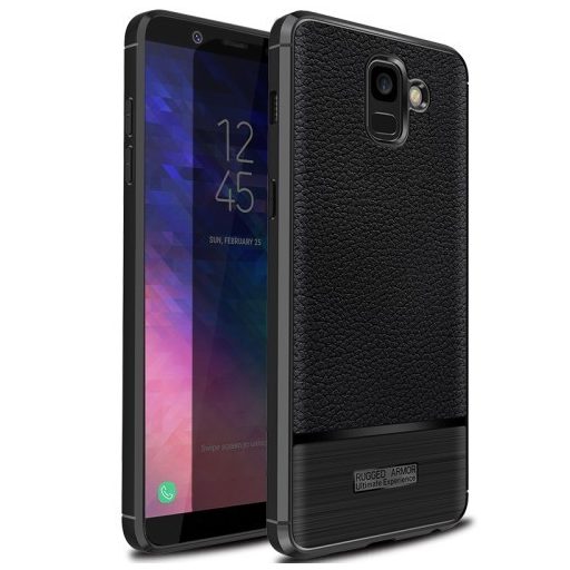 Samsung Galaxy A6 (2018) Szilikon Tok Prémium Szálcsiszolt-Bőrmintázattal Fekete