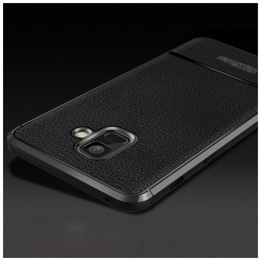 Samsung Galaxy A6 (2018) Szilikon Tok Prémium Szálcsiszolt-Bőrmintázattal Fekete