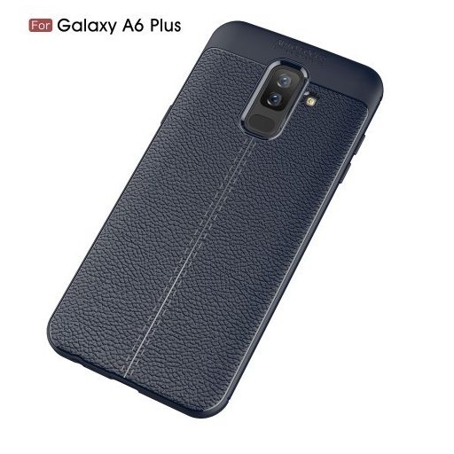 Samsung Galaxy A6+ (2018) Szilikon Tok Bőrmintázattal TPU Prémium Sötétkék