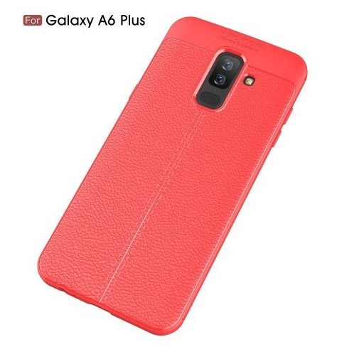 Samsung Galaxy A6+ (2018) Szilikon Tok Bőrmintázattal TPU Prémium Piros