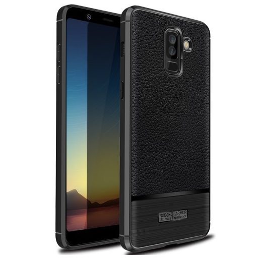 Samsung Galaxy A6+ (2018) Szilikon Tok Prémium Szálcsiszolt-Bőrmintázattal Fekete