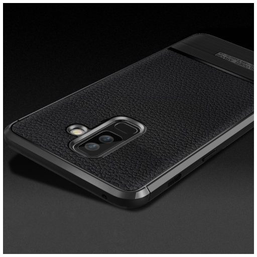 Samsung Galaxy A6+ (2018) Szilikon Tok Prémium Szálcsiszolt-Bőrmintázattal Fekete