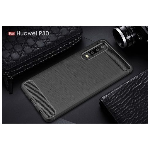 Huawei P30 Szilikon Tok Ütésállókivitel Karbon Mintázattal Fekete