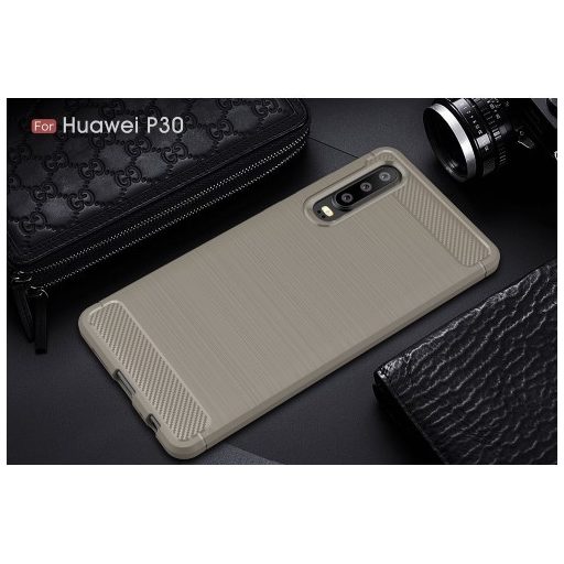 Huawei P30 Szilikon Tok Ütésállókivitel Karbon Mintázattal Szürke