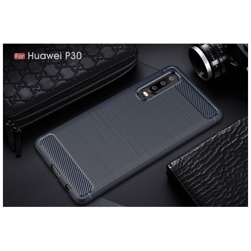 Huawei P30 Szilikon Tok Ütésállókivitel Karbon Mintázattal Sötétkék