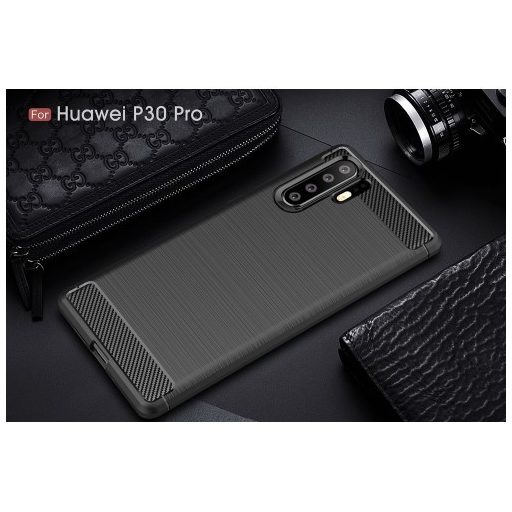 Huawei P30 Pro Szilikon Tok Ütésállókivitel Karbon Mintázattal Fekete
