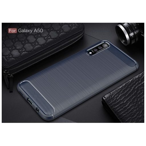 Samsung Galaxy A50 Szilikon Tok Ütésállókivitel Karbon Mintázattal Sötétkék