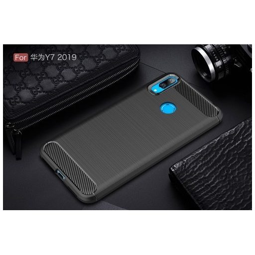 Huawei Y7 (2019) Szilikon Tok Ütésállókivitel Karbon Mintázattal Fekete