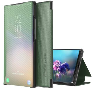   RMPACK Xiaomi 11T / 11T Pro Notesz Tok Carbon Fiber Series Karbon Mintázattal Kitámasztható View Window Zöld